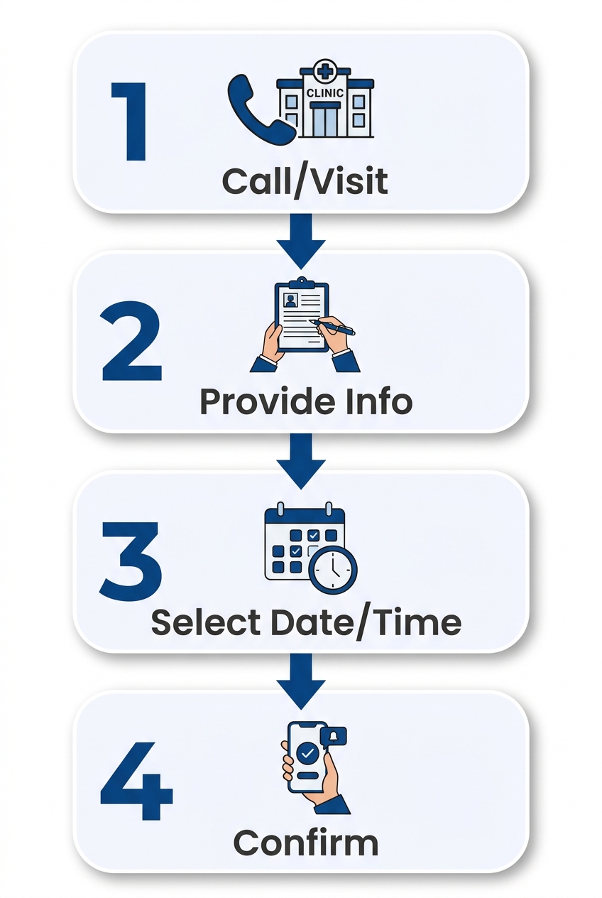 Four-step process to schedule a gynecologist appointment: Call or visit website, provide information, select date and time, confirm appointment, connected by blue arrows.