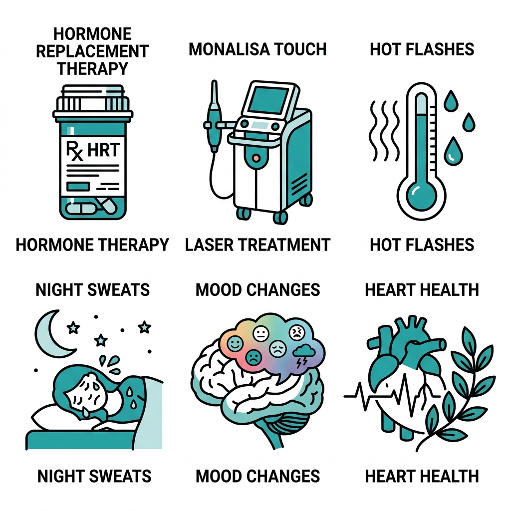 Six icon grid illustrating menopause services: hormone therapy, MonaLisa Touch, hot flashes, night sweats, mood changes, heart health.