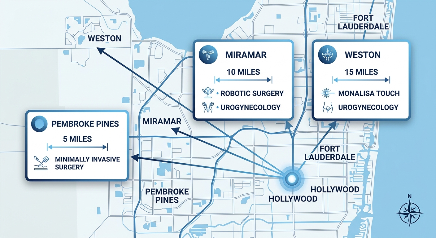Infographic map of South Florida showing three OB-GYN clinic locations in Miramar, Weston, and Pembroke Pines, with distances from Hollywood and service focus labels.