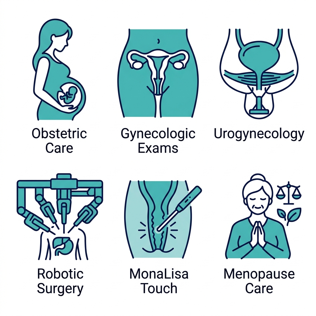 Set of six icons depicting obstetric care, gynecologic exams, urogynecology, robotic surgery, MonaLisa Touch laser treatment, and menopause care with teal and navy blue colors