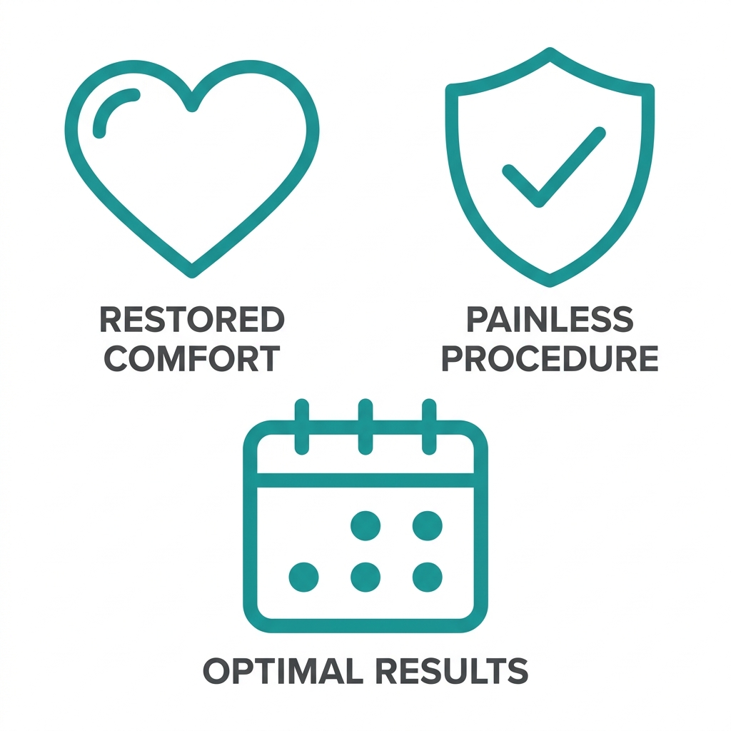Three icons representing benefits of MonaLisa Touch vaginal rejuvenation: restored comfort, painless procedure, optimal results