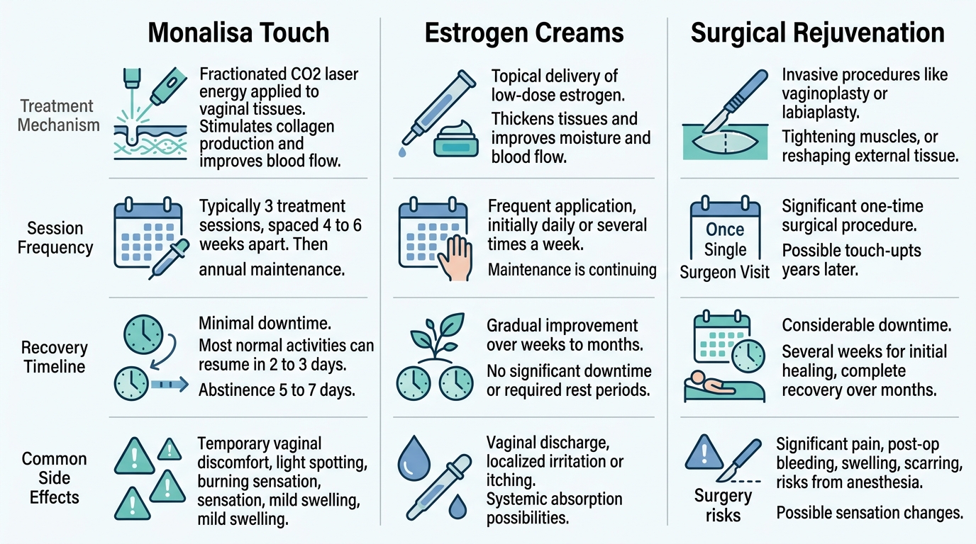 Infographic comparing three vaginal rejuvenation treatments: MonaLisa Touch, Estrogen Creams, and Surgical Rejuvenation, showing mechanism, frequency, recovery, and side effects.