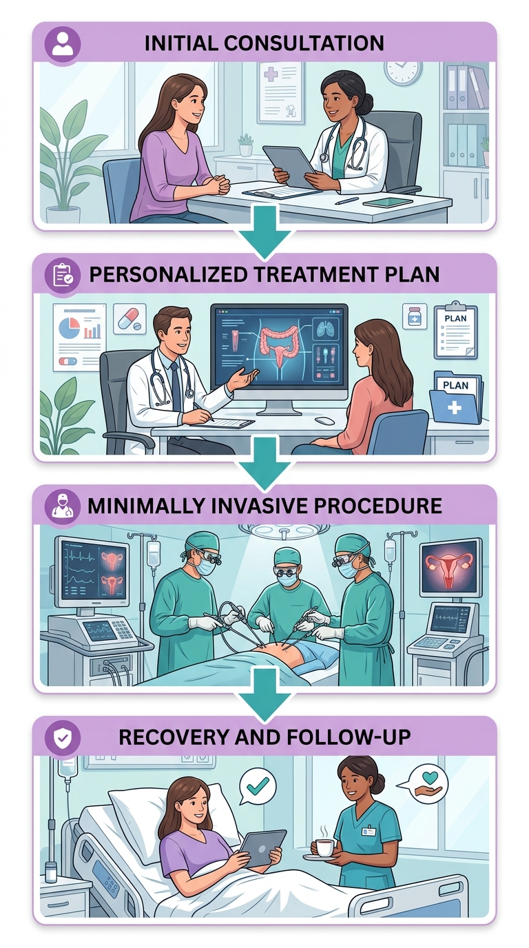 Four-step vertical process flow for vaginal rejuvenation: consultation, treatment plan, procedure, recovery