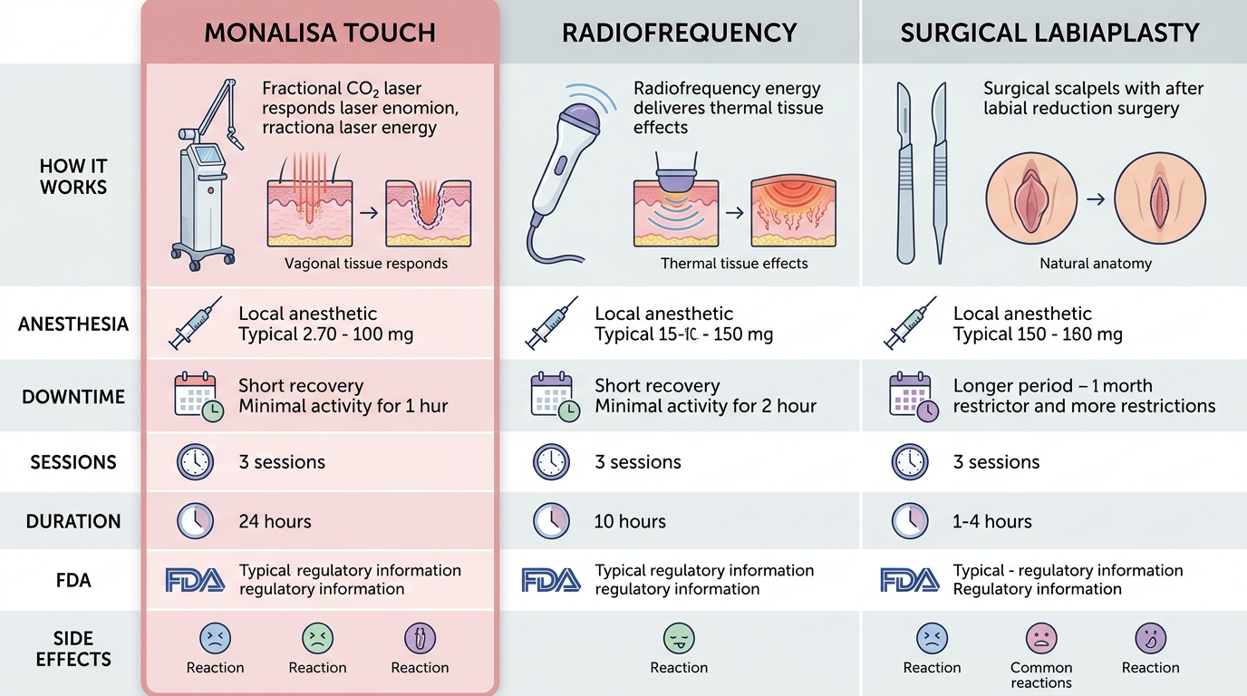 Infographic comparing MonaLisa Touch, radiofrequency, and surgical labiaplasty methods for vaginal rejuvenation