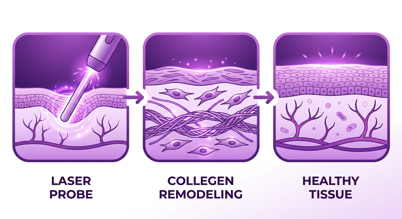Process flow diagram showing MonaLisa Touch laser treatment steps: laser probe, collagen remodeling, and healthy vaginal tissue.