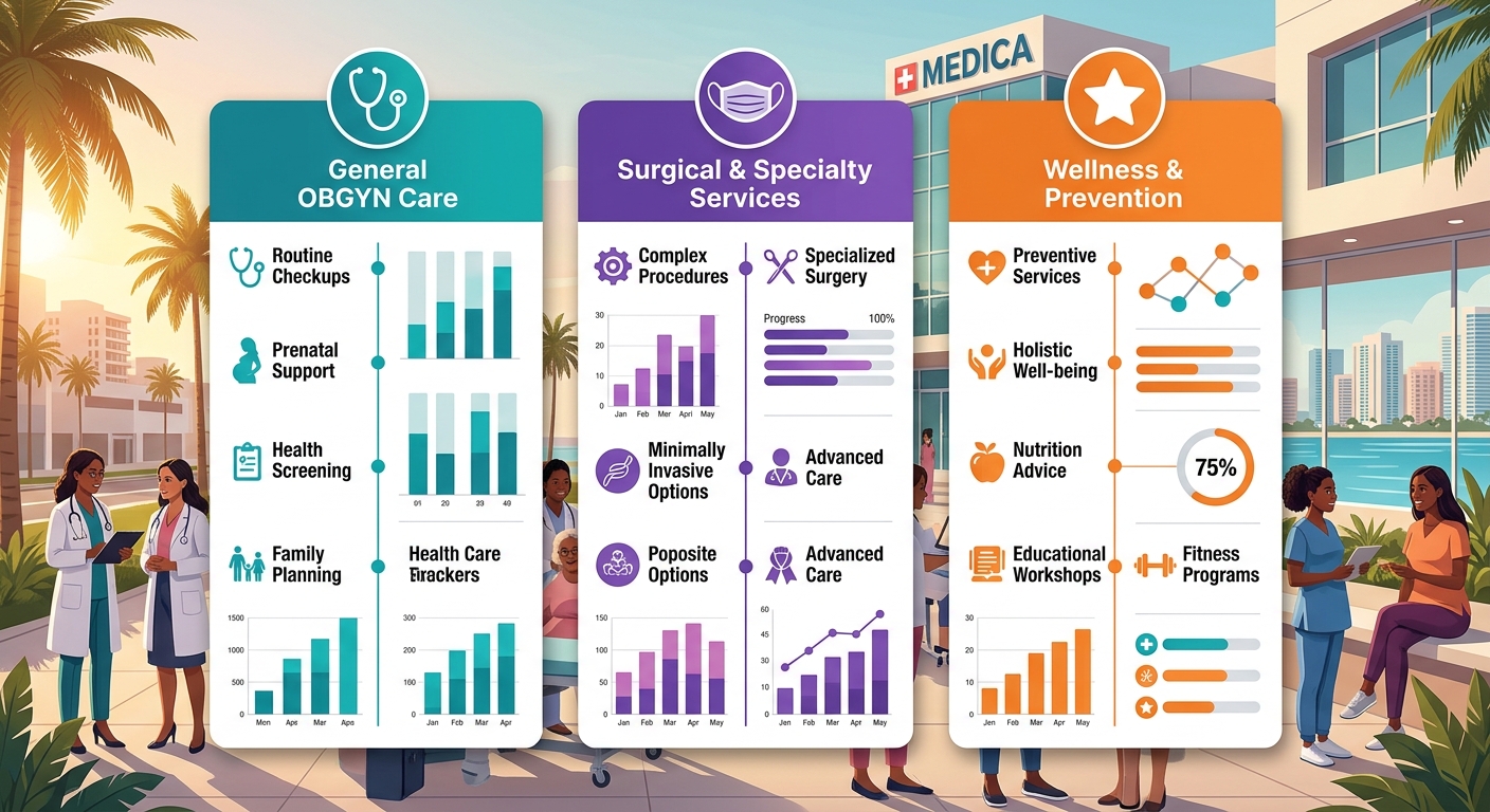 Infographic comparing three categories of OBGYN services: general care, surgical specialties, and wellness with icons