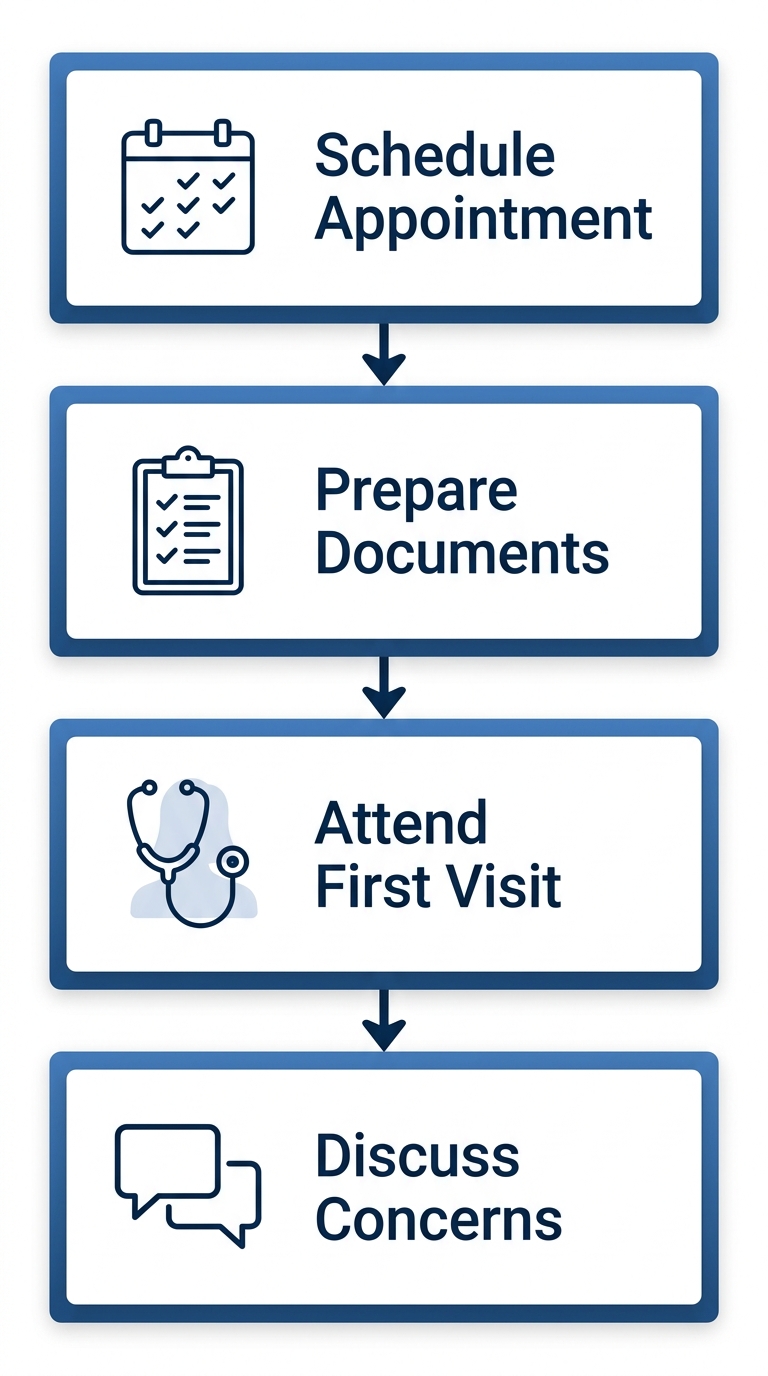 Vertical process flow diagram showing four steps of scheduling and attending a gynecological appointment at First Class OBGYN, with medical icons for calendar, clipboard, stethoscope, and speech bubble, using blue gradient fills and clean medical design without any title text.