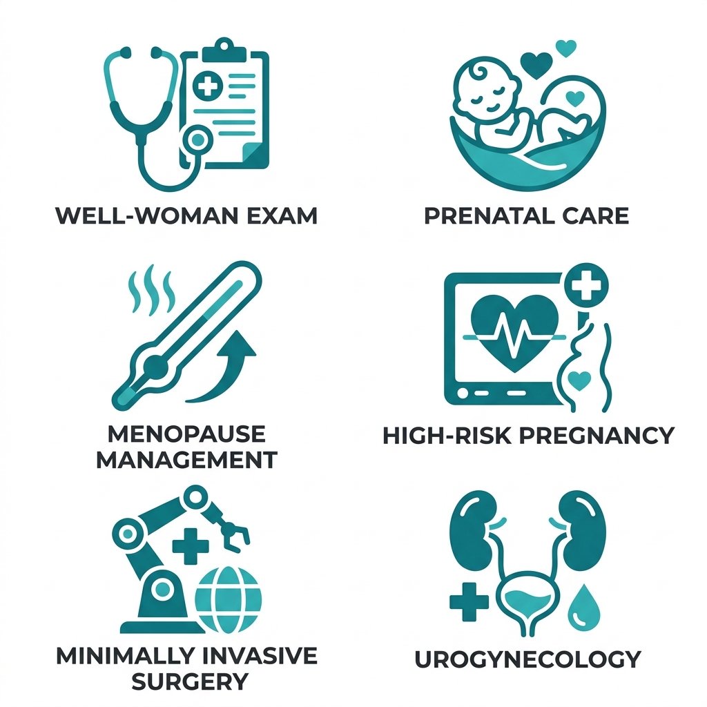 Set of six teal icons on white background representing core OBGYN services: well-woman exam, prenatal care, menopause management, high-risk pregnancy, minimally invasive surgery, urogynecology.