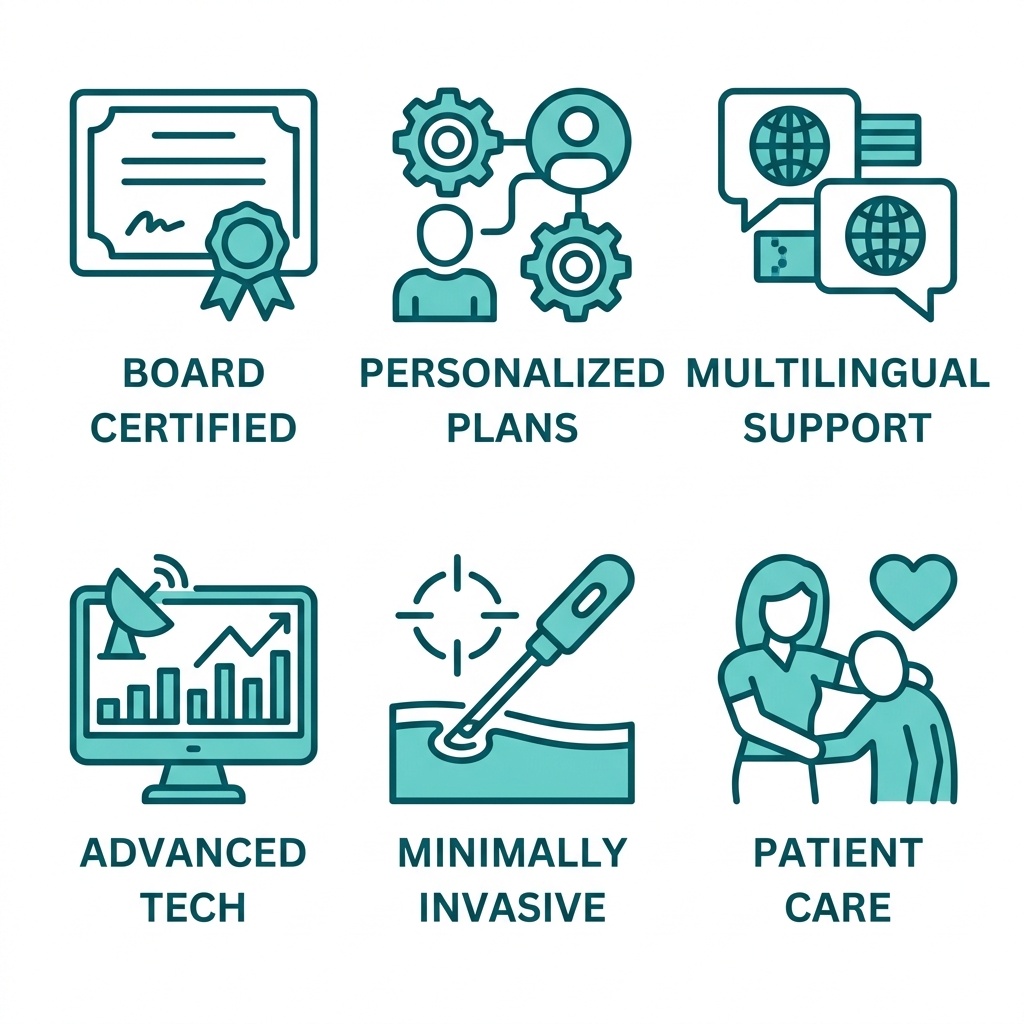Grid of six teal outline icons representing hormone replacement therapy services: board certification, personalized treatment, multilingual support, advanced technology, minimally invasive approach, patient care. Each with label on white background.