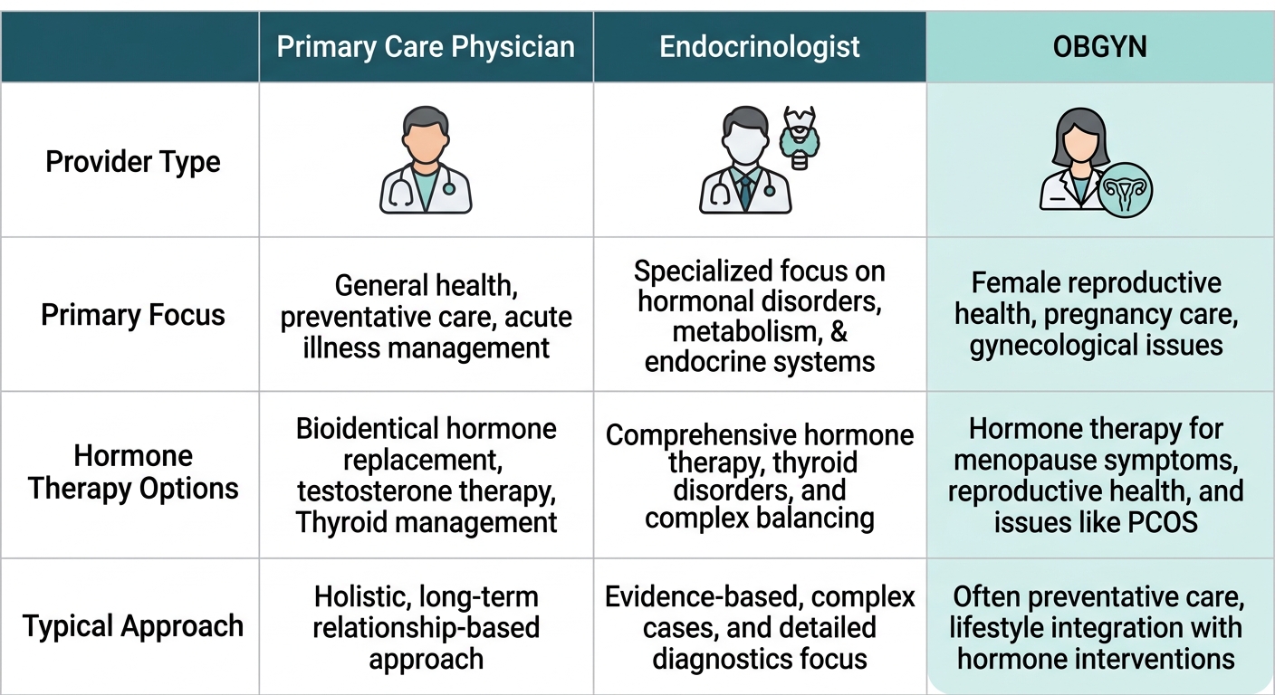 A comparative infographic showing hormone therapy providers in Pembroke Pines with First Class OBGYN specializing in hormone health.