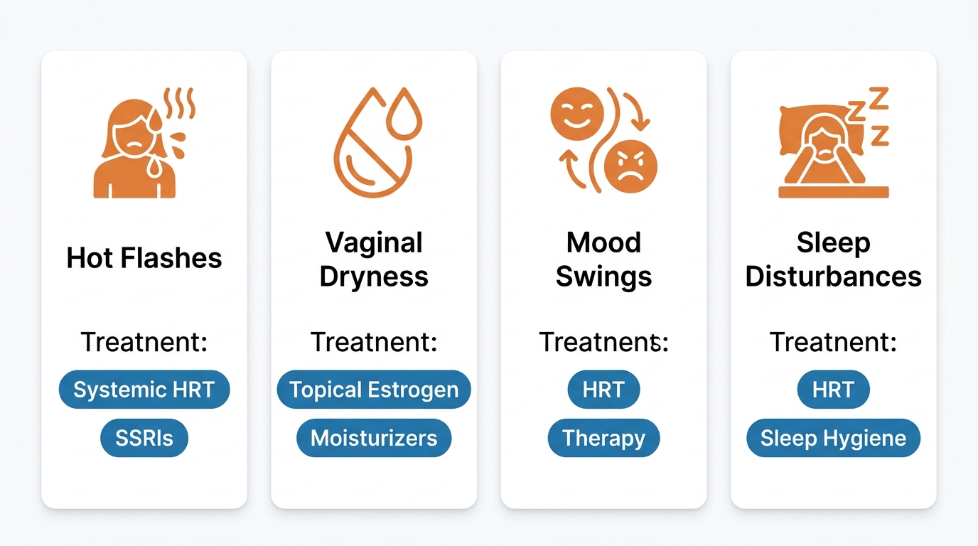 Infographic displaying four common menopause symptoms--hot flashes, vaginal dryness, mood swings, and sleep disturbances--with hormonal and non-hormonal treatment options.