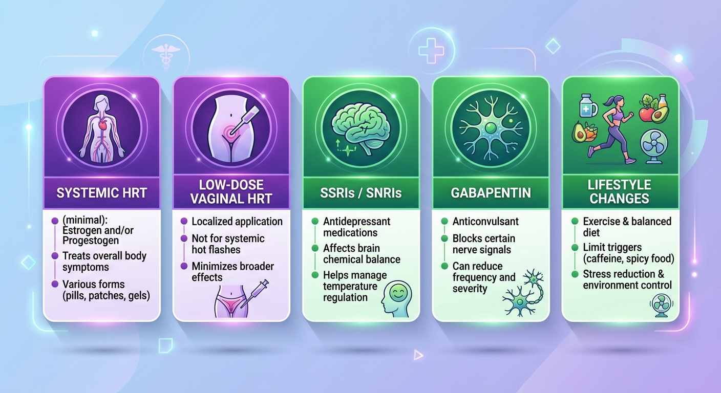Infographic comparing five treatment options for hot flashes: hormonal and non-hormonal therapies.