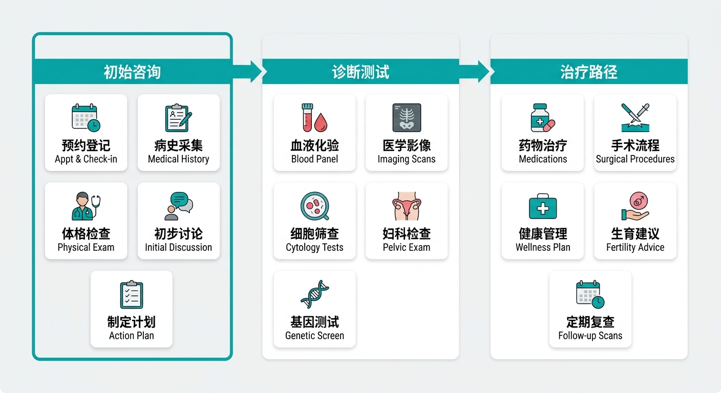 Process flow showing three stages: Initial Consultation, Diagnostic Testing, Treatment Pathways for OBGYN patients.