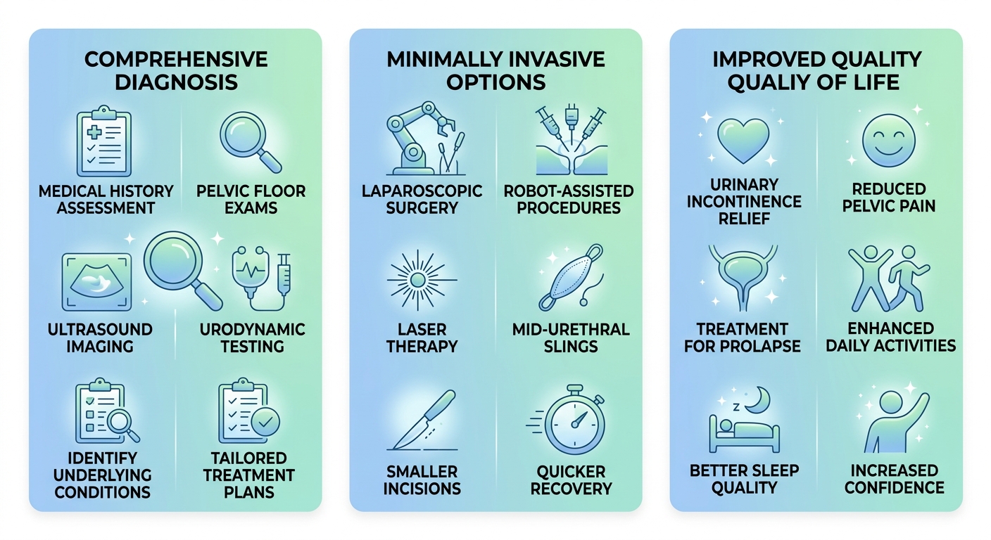 Three-column infographic showing benefits of specialized urogynecologic care: comprehensive diagnosis, minimally invasive options, improved quality of life.