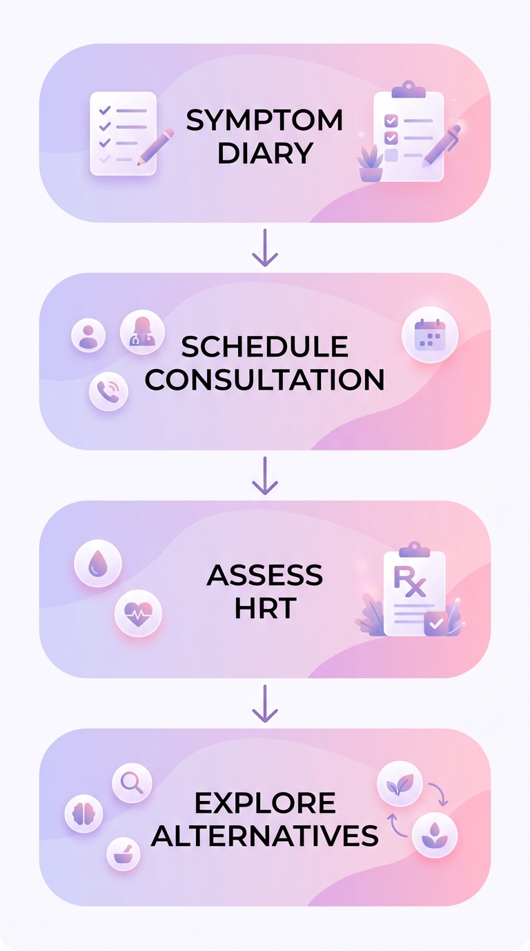 A four-step vertical process diagram for menopause relief, showing Symptom Diary, Schedule Consultation, Assess HRT, and Explore Alternatives with icons.