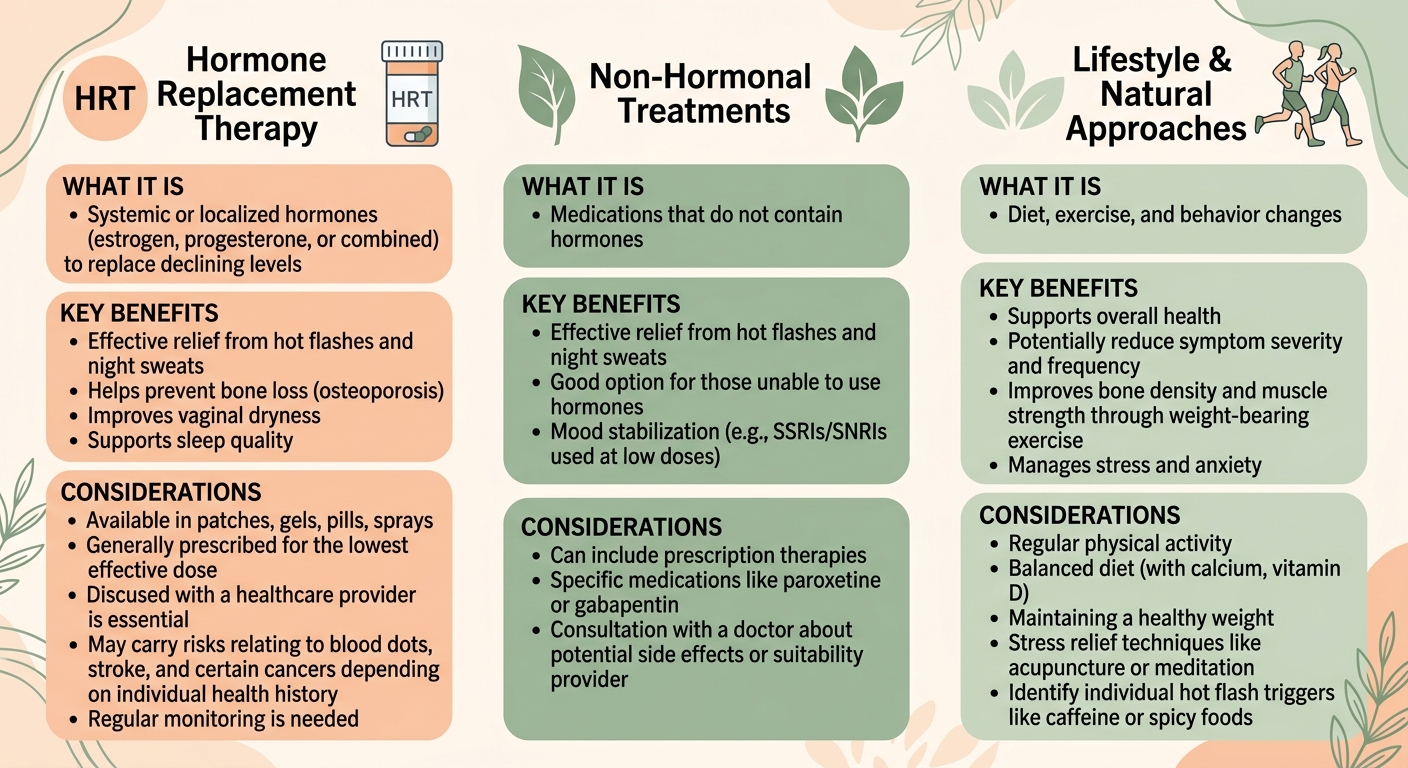Infographic comparing three menopause treatment approaches: hormone replacement therapy, non-hormonal treatments, and lifestyle modifications.