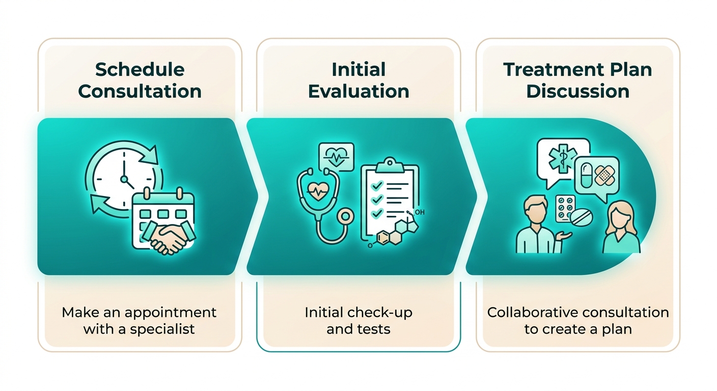 Three-step horizontal process flow for menopause treatment: Schedule Consultation, Initial Evaluation, Treatment Plan Discussion