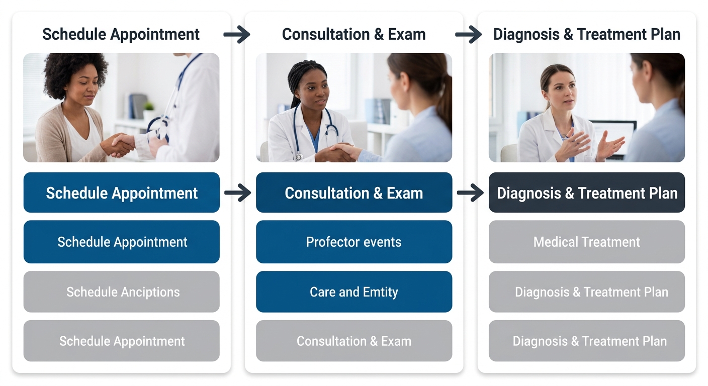 Process flow diagram showing three steps for a visit to a gynecologist: Schedule Appointment, Consultation & Exam, and Diagnosis & Treatment Plan, with arrows connecting them in a clean medical design.