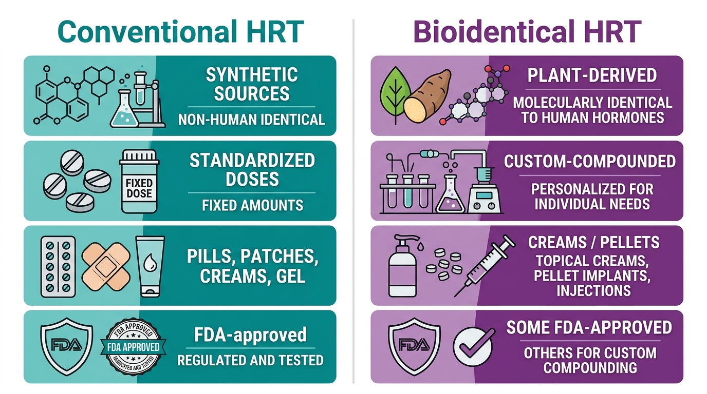 Side-by-side comparison of conventional hormone replacement therapy and bioidentical hormone therapy across four key factors, featuring teal and purple color coding with icons