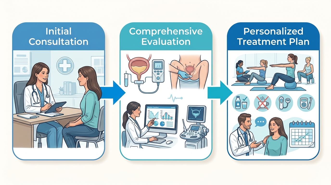 Three-step process flow for urogynecologic care: initial consultation, comprehensive evaluation, personalized treatment plan, connected by arrows, in a clean medical illustration style.