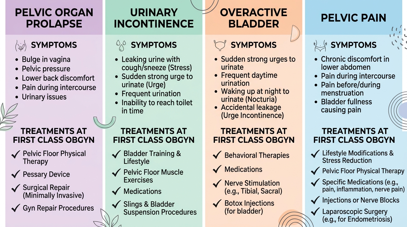 Infographic comparing four pelvic floor conditions: Pelvic Organ Prolapse, Urinary Incontinence, Overactive Bladder, and Pelvic Pain, with symptoms and treatments listed.