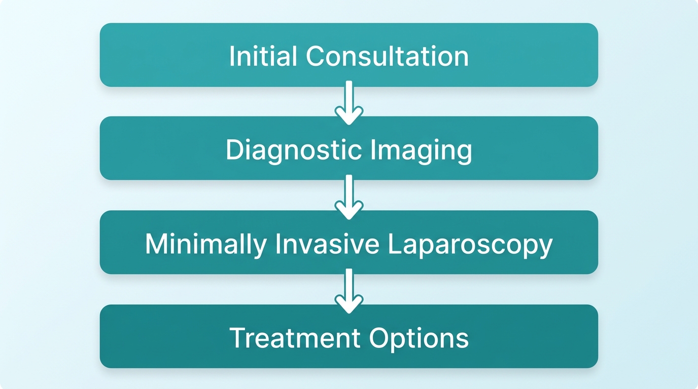 Four-stage vertical process diagram showing endometriosis care from consultation to treatment