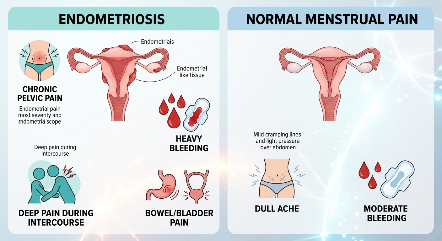 Side-by-side comparison of endometriosis symptoms versus normal menstrual pain