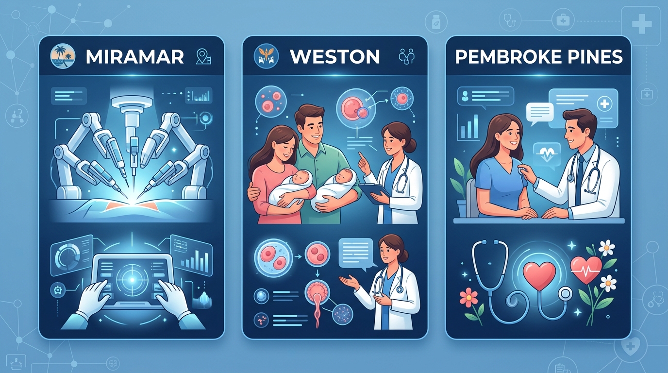 Infographic comparing three First Class OBGYN locations near Plantation Florida with services Miramar Robotic Surgery, Weston Infertility Care, and Pembroke Pines Well-Woman Care.
