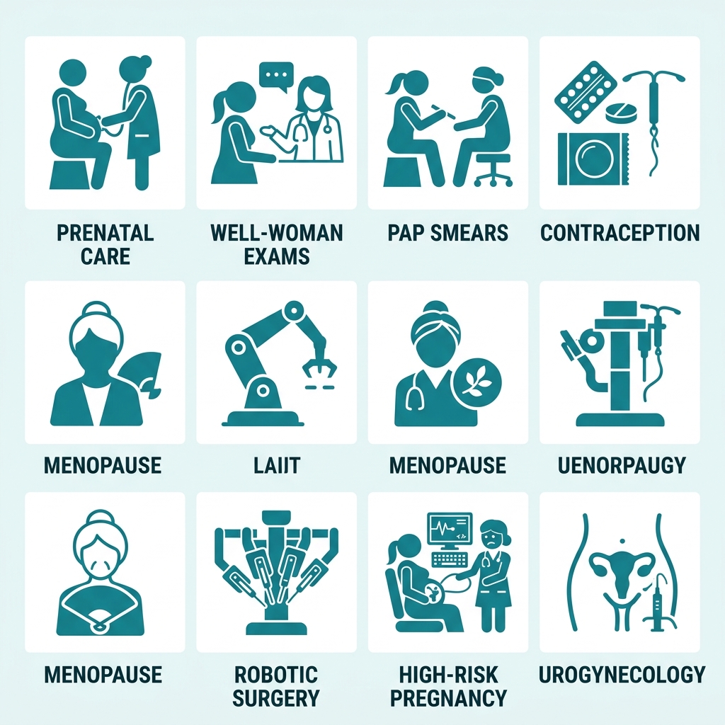 Eight teal OB/GYN service icons on white background representing prenatal care, exams, Pap smears, contraception, menopause, robotic surgery, high-risk pregnancy, and urogynecology.