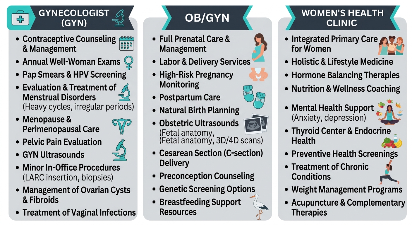 Infographic comparing Gynecologist, OB/GYN, and Women's Health Clinic providers with services listed.