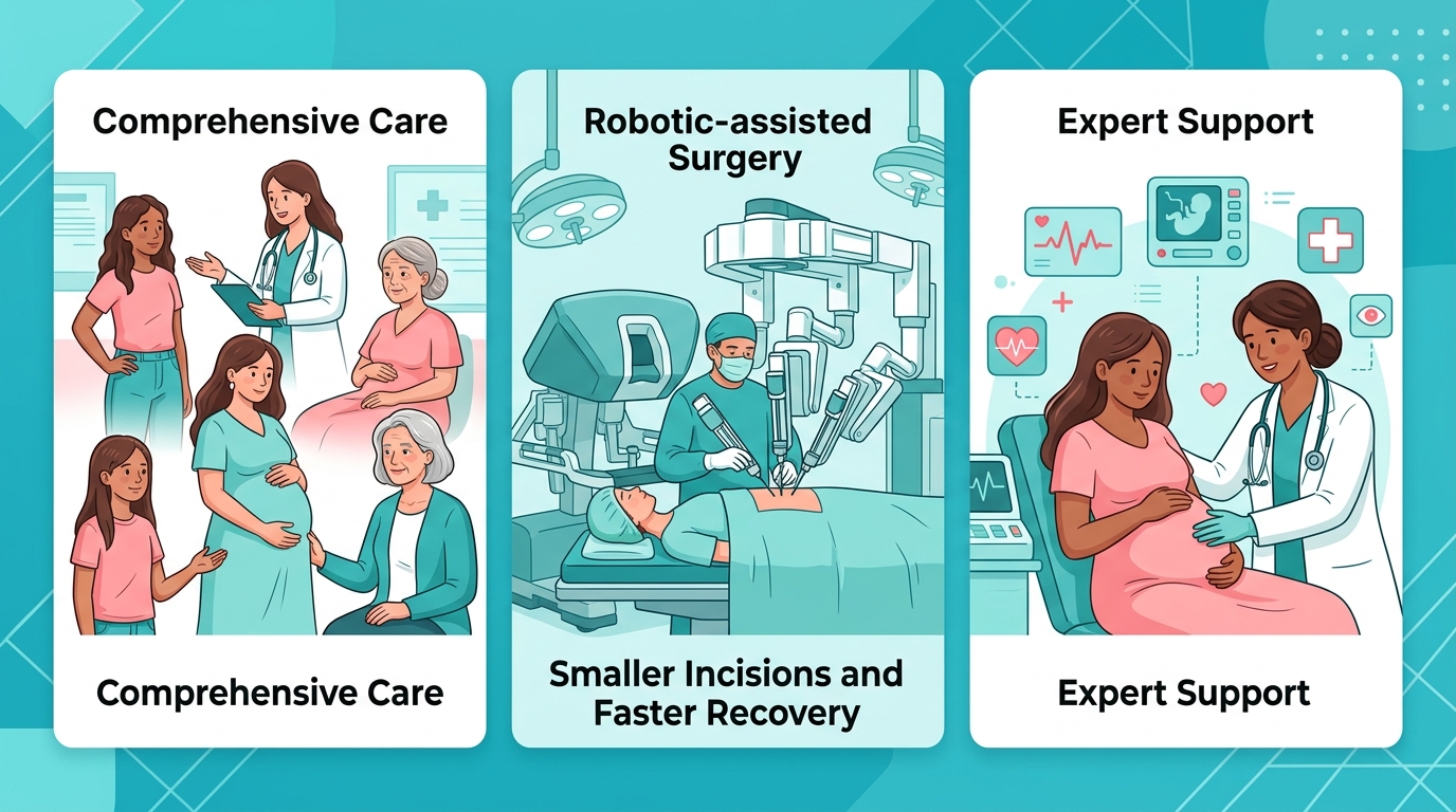 Three-panel infographic illustrating benefits of expert OBGYN care: comprehensive lifetime care, advanced robotic surgery, and high-risk pregnancy support.