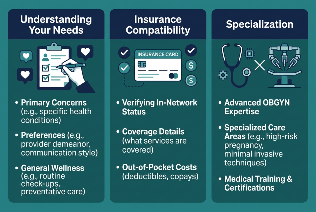 Three-column infographic on key factors for choosing an OBGYN in Plantation, including needs assessment, insurance, and specialization.