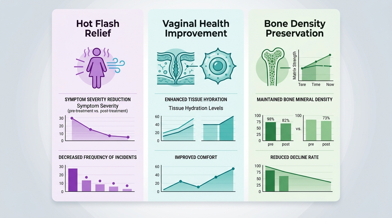 Three-column infographic showing benefits of hormone replacement therapy: relief from hot flashes, improved vaginal health, and bone density preservation, without any title or header text