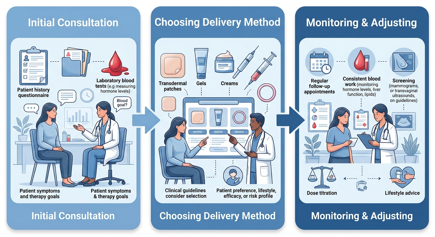 Process flow diagram showing three stages of hormone replacement therapy: initial consultation, choosing delivery method, and monitoring and adjusting, with arrows connecting rounded rectangles, in soft blue tones