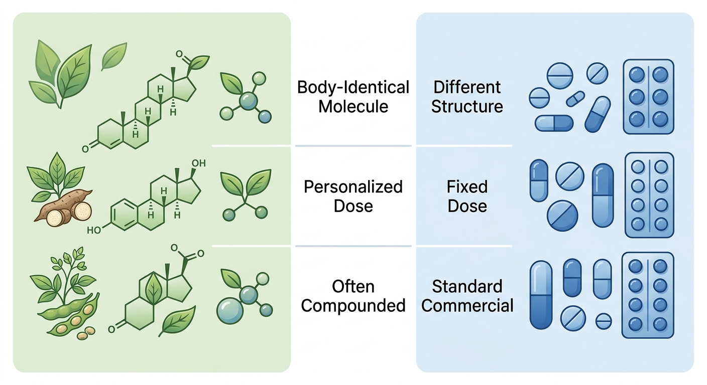 Comparison infographic of bioidentical and traditional hormone therapy showing plant-based sourcing versus synthetic manufacturing, with a central matrix comparing chemical structure and dosing personalization.