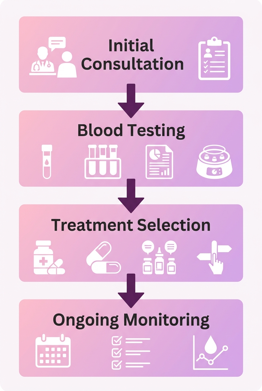 Four-step process flow diagram for hormone therapy journey: initial consultation, blood testing, treatment selection, and ongoing monitoring.