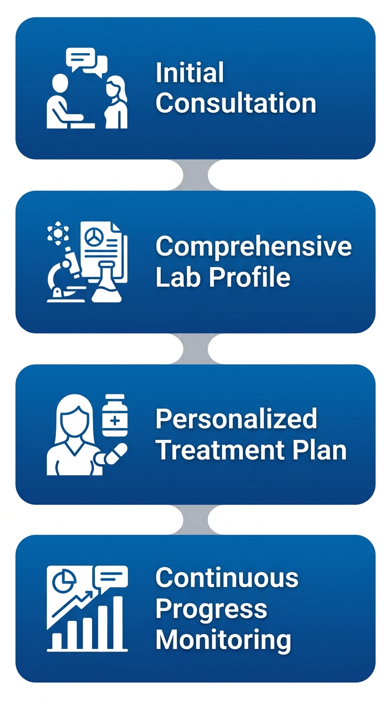 Vertical process flow showing four steps of menopause management: consultation, lab tests, tailored treatment, and ongoing monitoring.