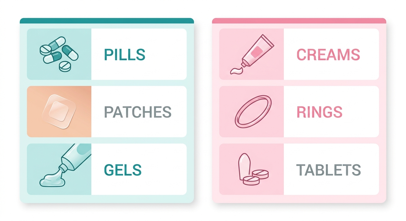 Infographic comparing systemic and local hormone replacement therapy options with teal and pink color coding