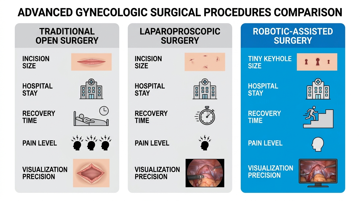Comparison chart of three gynecologic surgery methods: traditional open, laparoscopic, and robotic-assisted, showing key metrics.