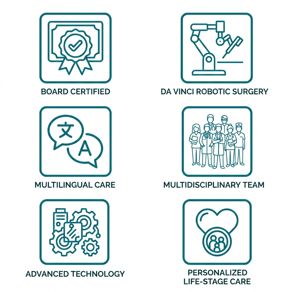 Six square icons in a 3x2 grid representing key benefits of choosing the right gynecologist: board certification, robotic surgery, multilingual care, multidisciplinary team, advanced technology, and life-stage care, all in teal outline style on white