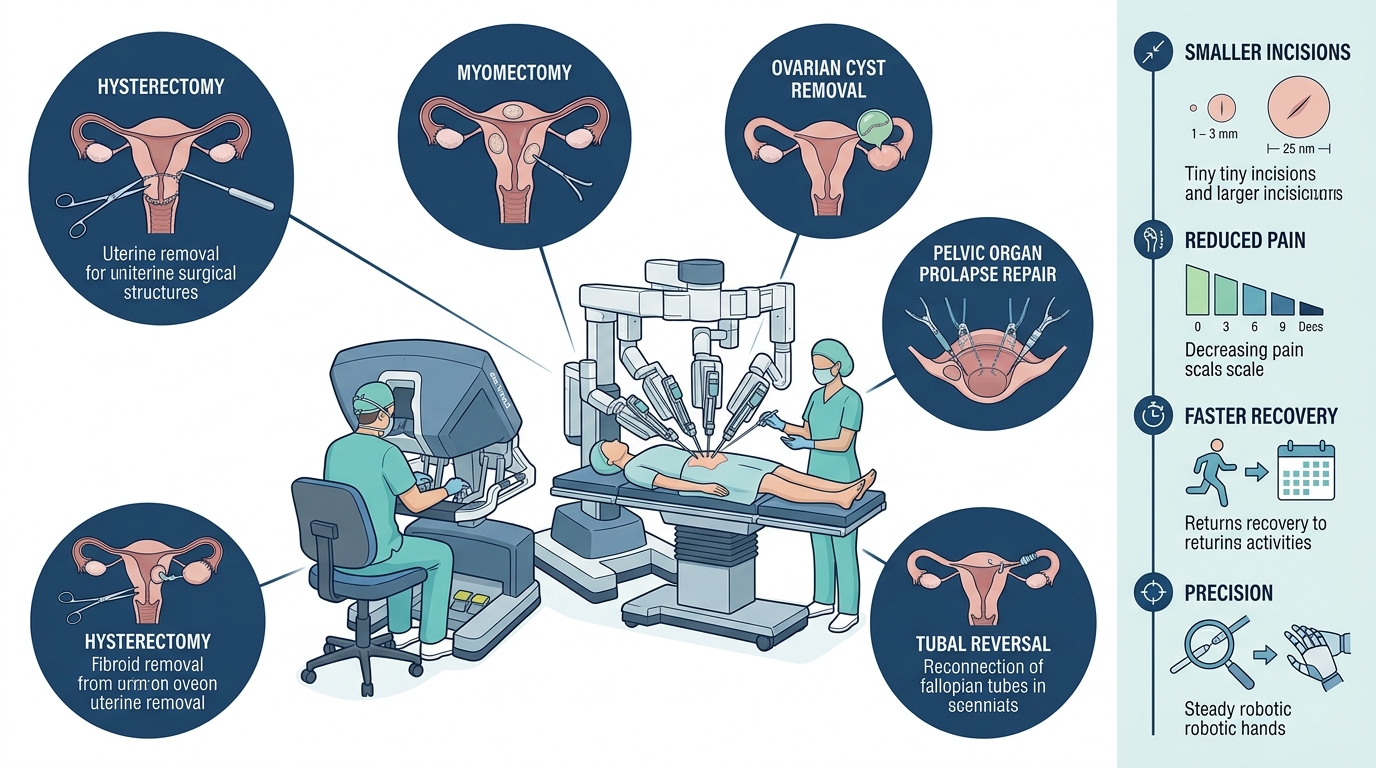 Infographic illustrating robotic surgery procedures and benefits with da Vinci system