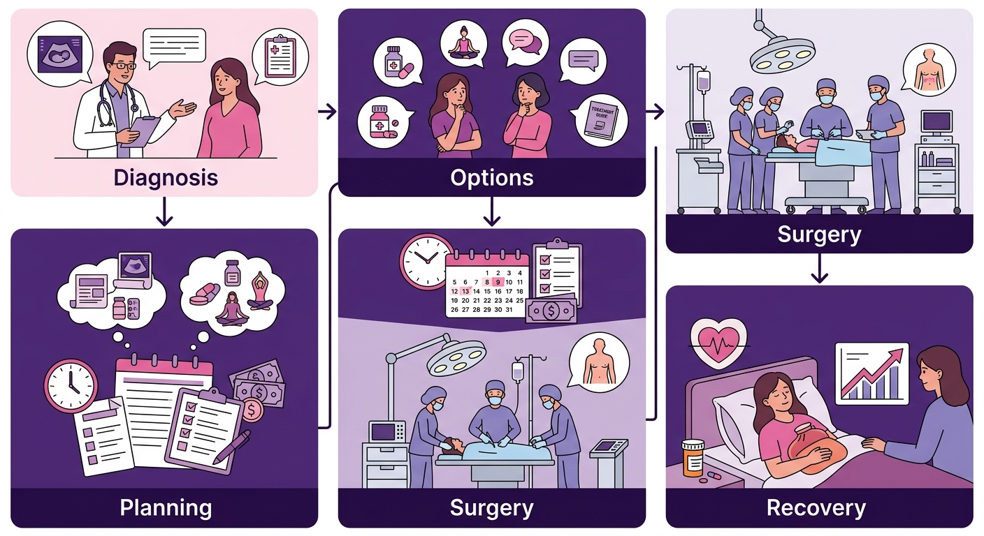 Vertical process flow showing five endometriosis treatment stages: Diagnosis Confirmation, Exploring Options, Surgical Planning, Surgery, and Recovery and Follow-Up