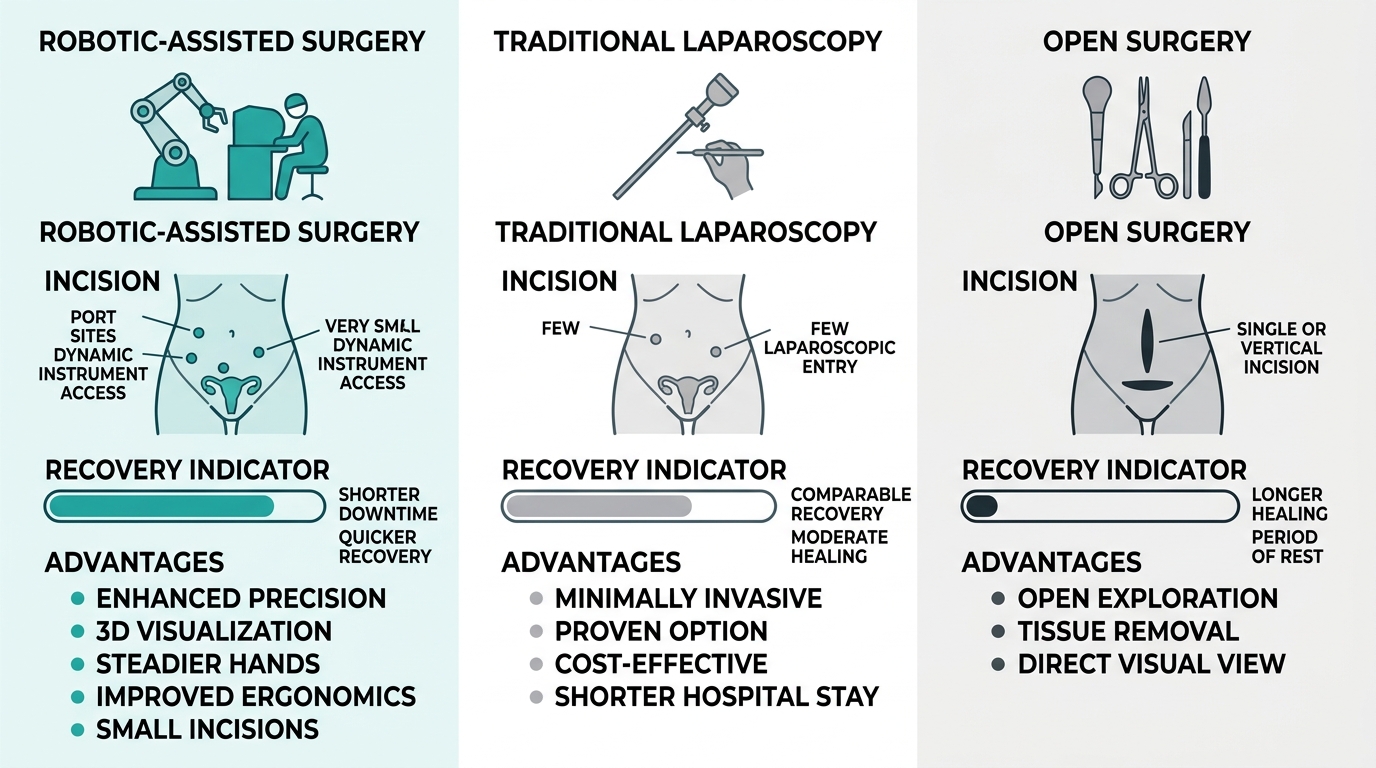 Comparison infographic of robotic-assisted surgery, traditional laparoscopy, and open surgery for endometriosis treatment.