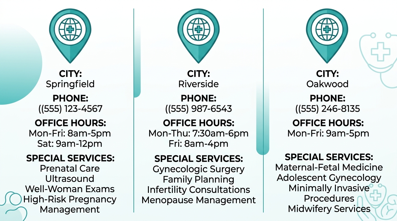 Comparison of First Class OBGYN locations in Miramar, Weston, and Pembroke Pines showing address, contact, hours, and services