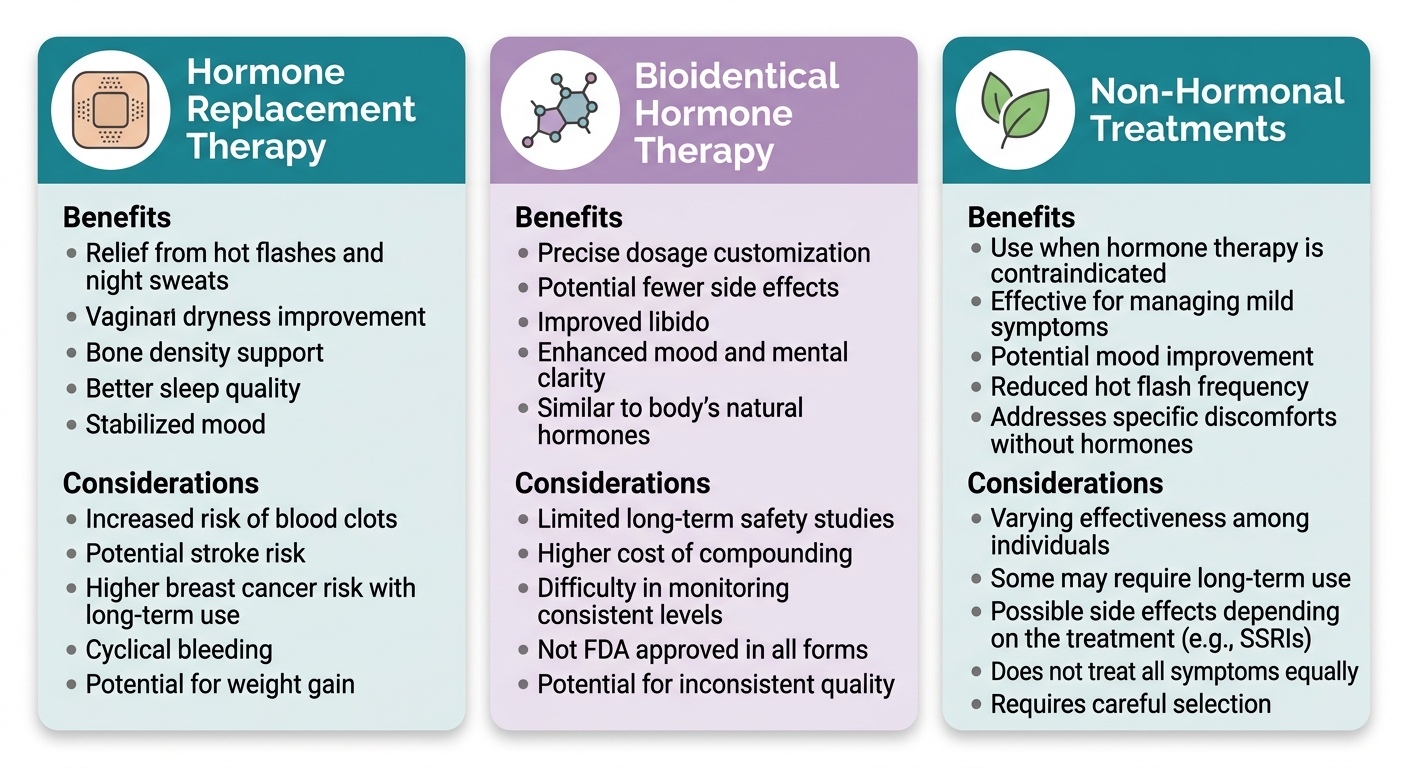 Three-column comparison infographic showing Hormone Replacement Therapy, Bioidentical Hormone Therapy, and Non-Hormonal Treatments for menopause symptom relief.