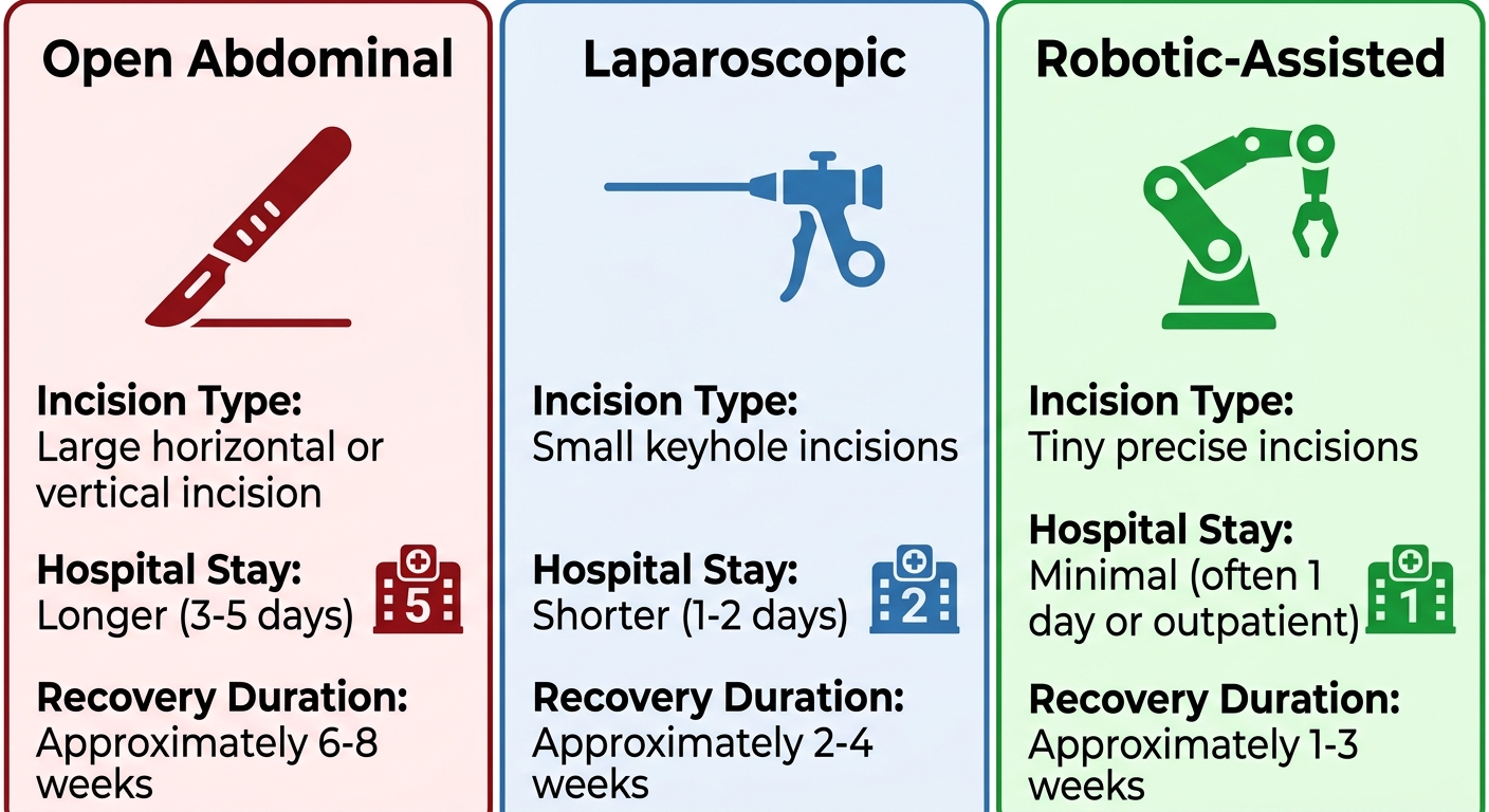 Comparison of three hysterectomy approaches: open abdominal, laparoscopic, and robotic-assisted, with key features.