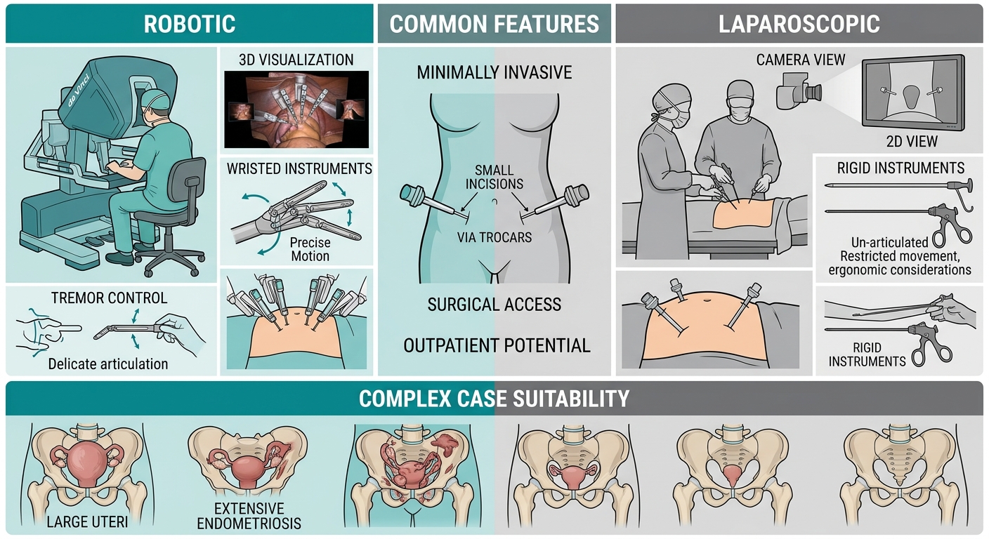 Infographic comparing robotic-assisted and traditional laparoscopic hysterectomy techniques, highlighting visualization, instruments, and recovery