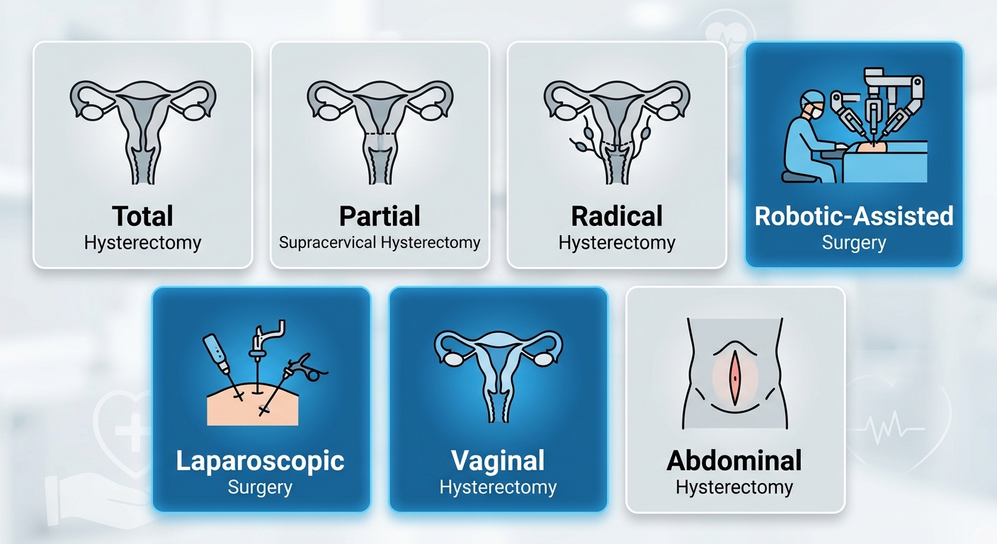 Infographic showing seven types of hysterectomy procedures with color coding for minimally invasive and traditional approaches