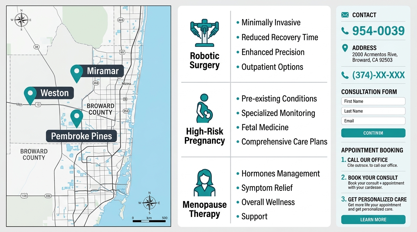 Infographic comparing hysterectomy services at three South Florida locations: Miramar, Weston, Pembroke Pines