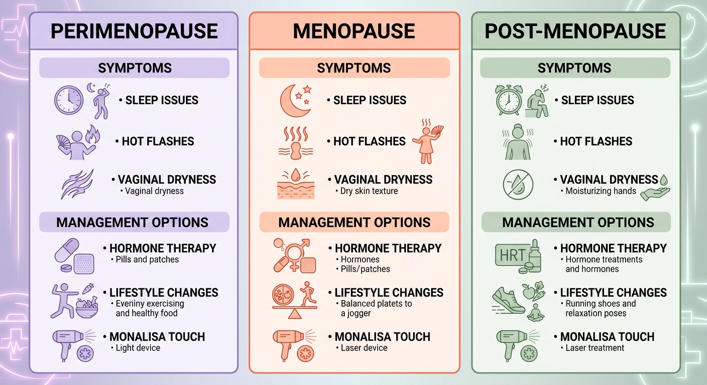 Infographic comparing perimenopause, menopause, and post-menopause stages with symptoms and treatment options